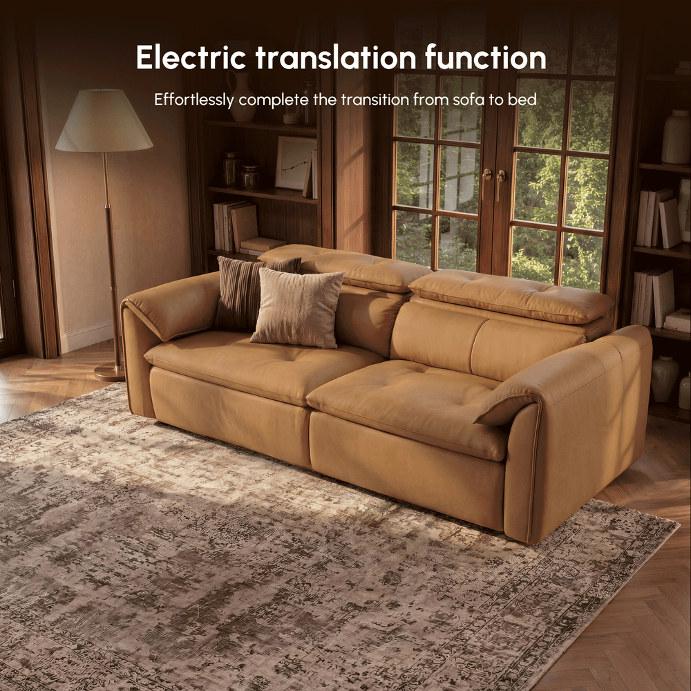 Canapé-lit convertible électrique 2 places en cuir véritable de 222 cm avec têtières réglables image de fenêtre