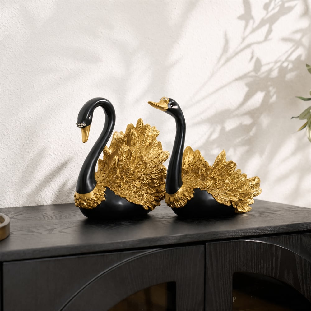 2-Piece Resin Swan Figurines, Black & Gold Decorative Storage Set window image