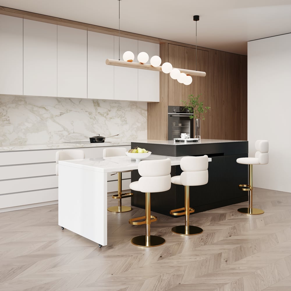 81"–112" Modern Extendable Glossy Sintered Stone Kitchen Island with Storage, White & Black window image