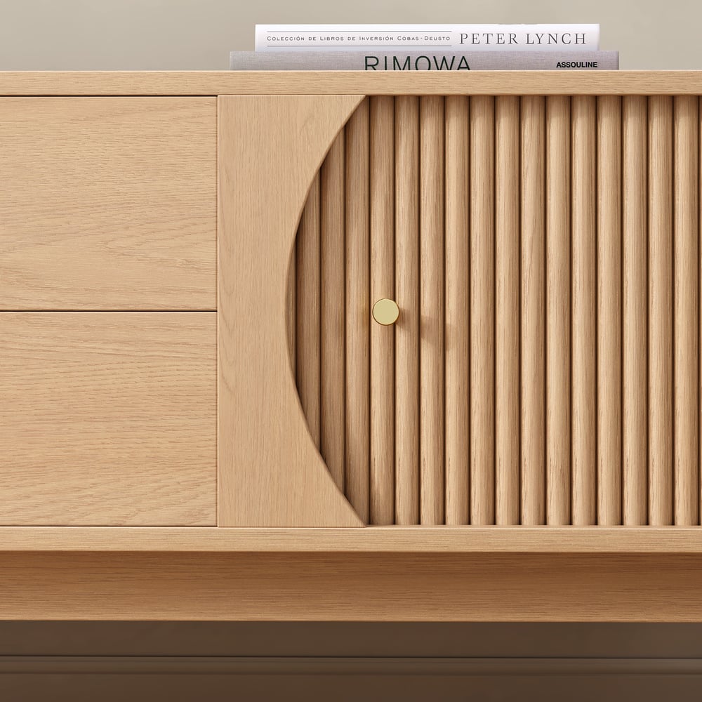 80" Ash Wood Fluted Natural TV Stand with Storage window image