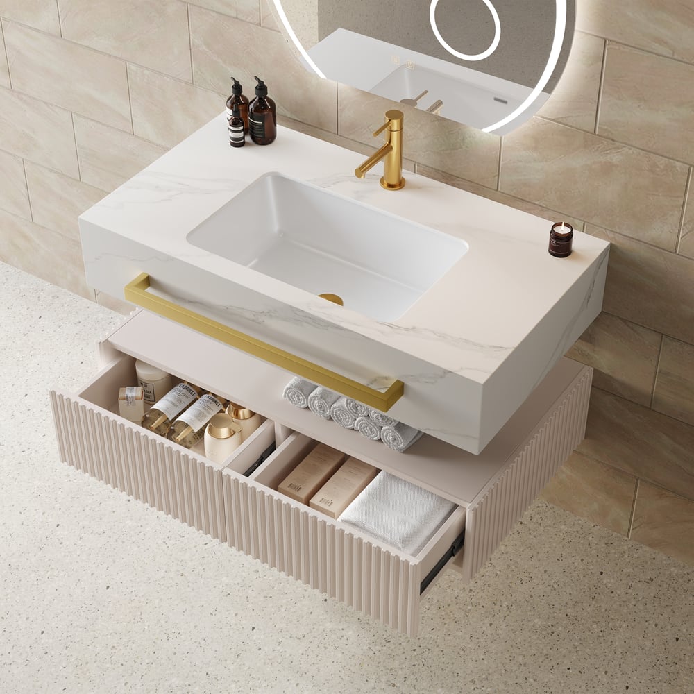 Mueble de baño flotante de 91 cm (36") con doble lavabo, encimera de piedra sinterizada, toallero dorado Imagen de ventana