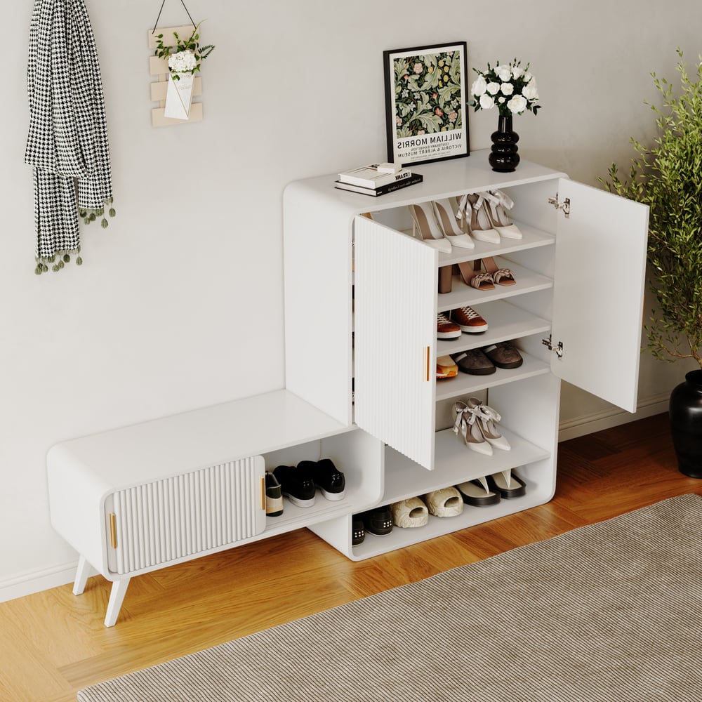 37" Warm White Shoe Storage Fluted Entryway Cabinet,Left Hand window image