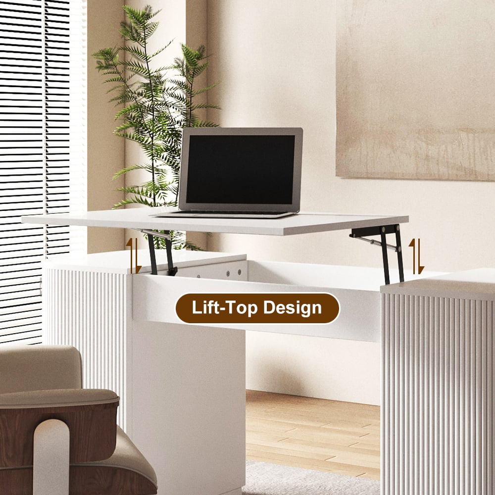 Modern 60" White Standing Office Desk & Sliding Door Etagere Bookshelf window image