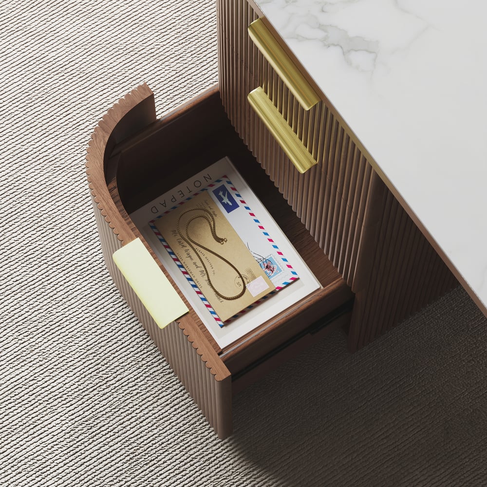 Bureau rectangulaire en noyer, frêne et pierre frittée avec 6 tiroirs (1620mm) image de fenêtre