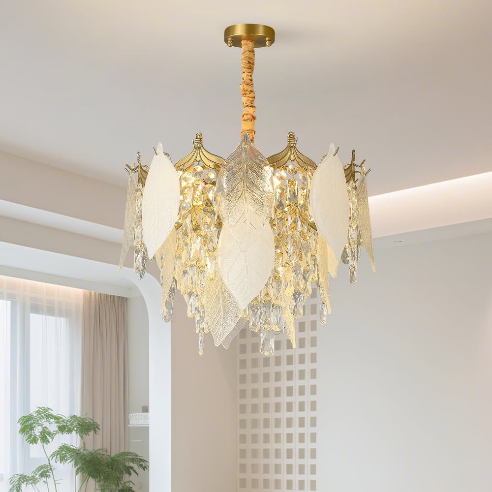 Luxusní patrový lustr z listového skla a křišťálu s nastavitelnou výškou zavěšení obrázek okna