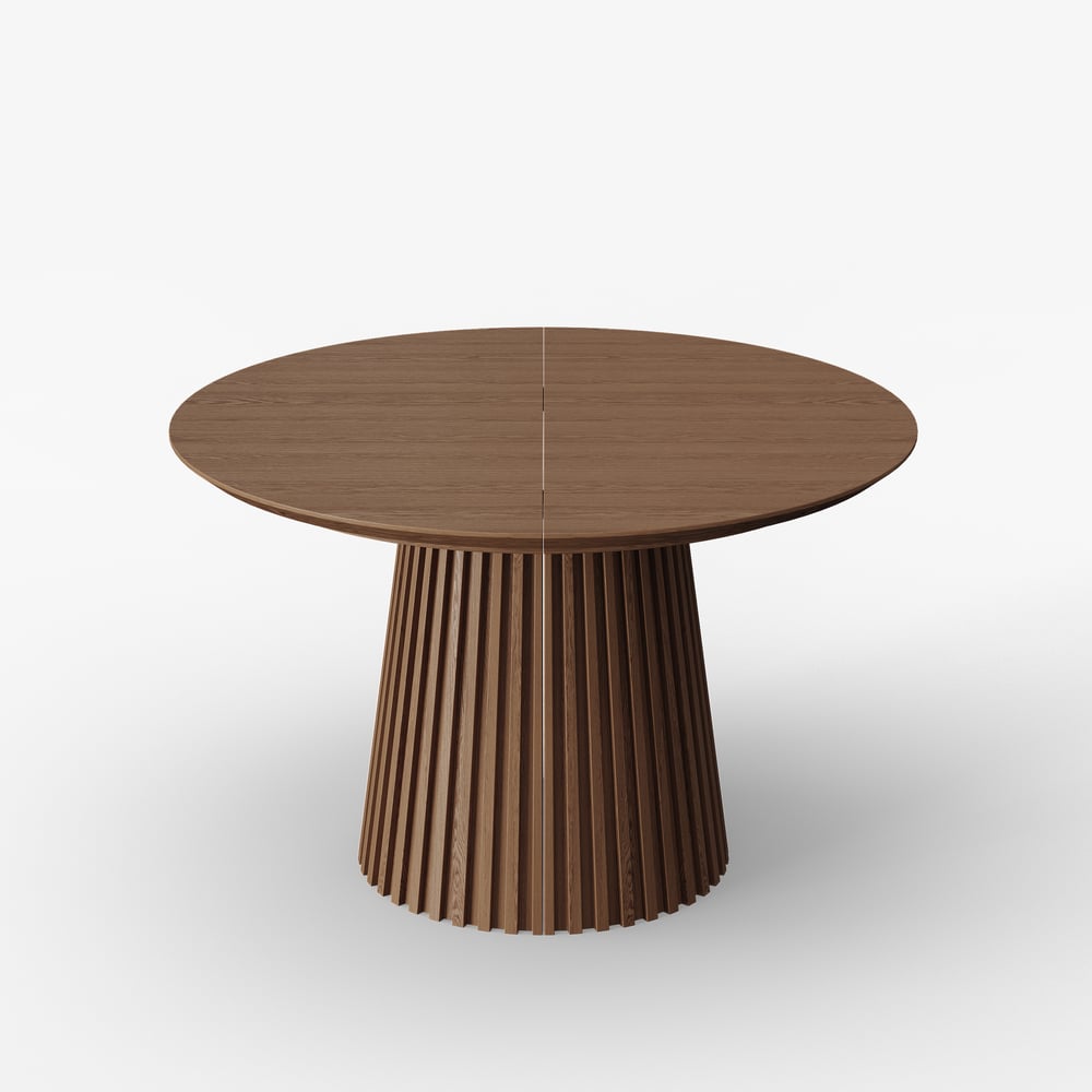Modern 47"-79" Extendable Walnut Wood Dining Table with Fluted Base, Seats 4-6 window image