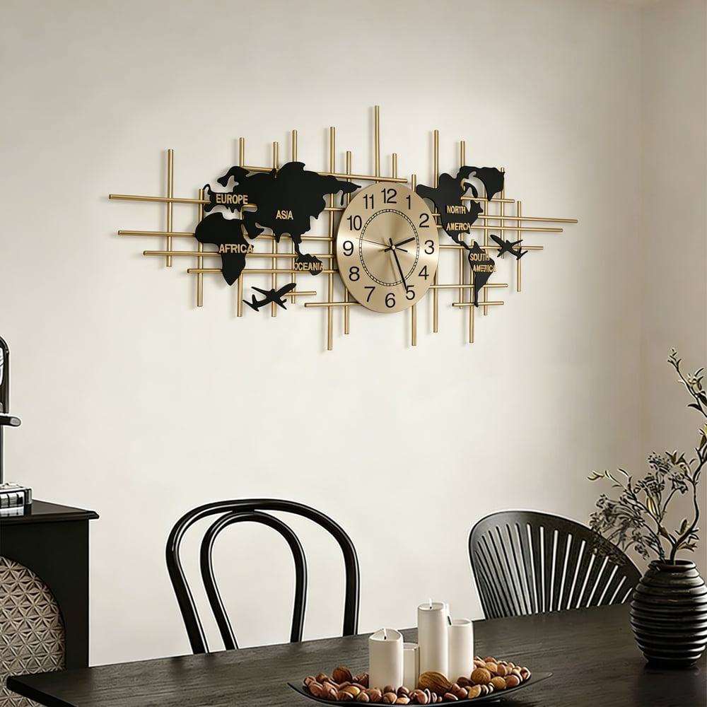 Reloj de Pared de Metal Grande de 116cm con Diseño de Mapa Decorativo Silencioso y Creativo para Sala de Estar Imagen de ventana