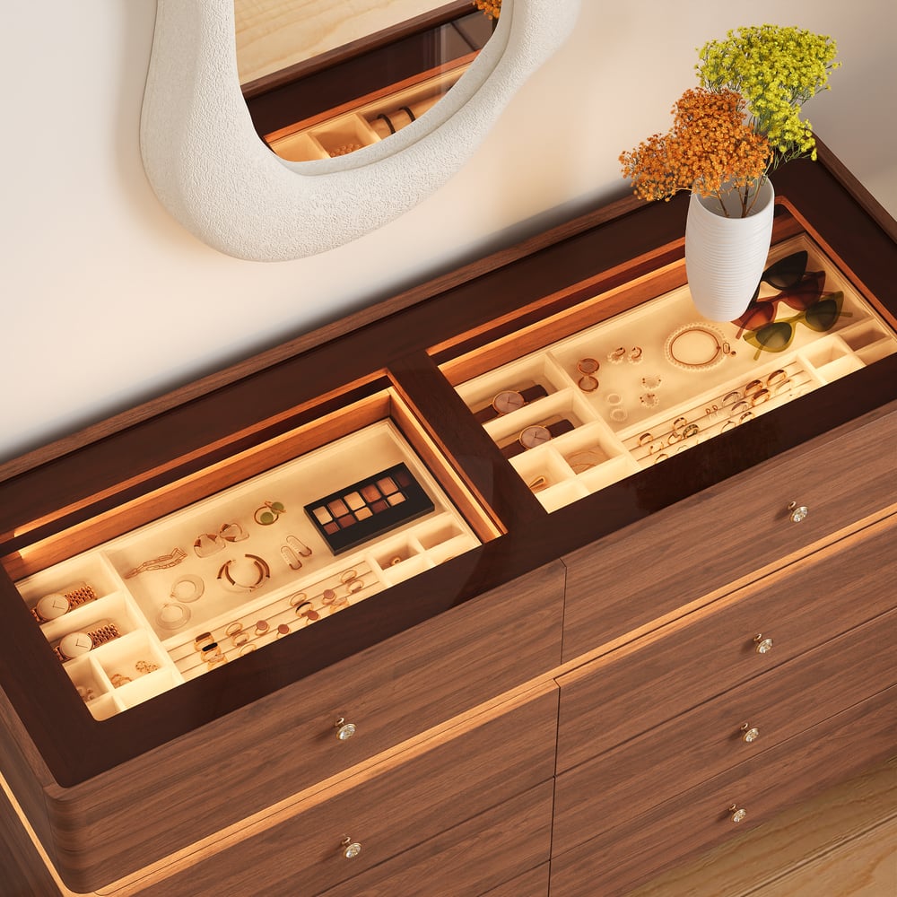 Modern 47" Tempered Glass Top 8-Drawer White Dresser with LED & Jewelry Trays window image