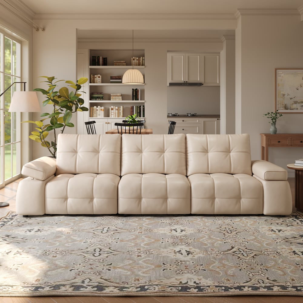 130" 3-Seater Genuine Leather Power Convertible Sleeper Sofa with Adjustable Armrests window image