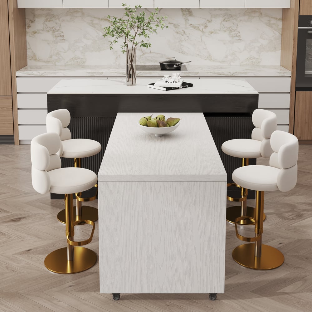 Îlot de cuisine extensible en pierre frittée de 205 à 270 cm avec portes et tiroirs, noir et blanc image de fenêtre