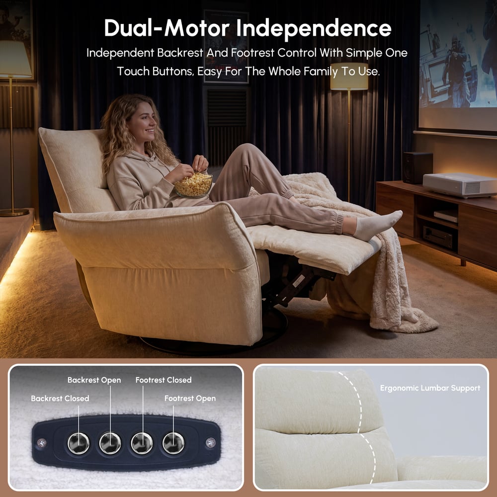 Performance Chenille Power Recliner Swivel Rocker Chair With Dual Motor & Adjustable Armrests window image