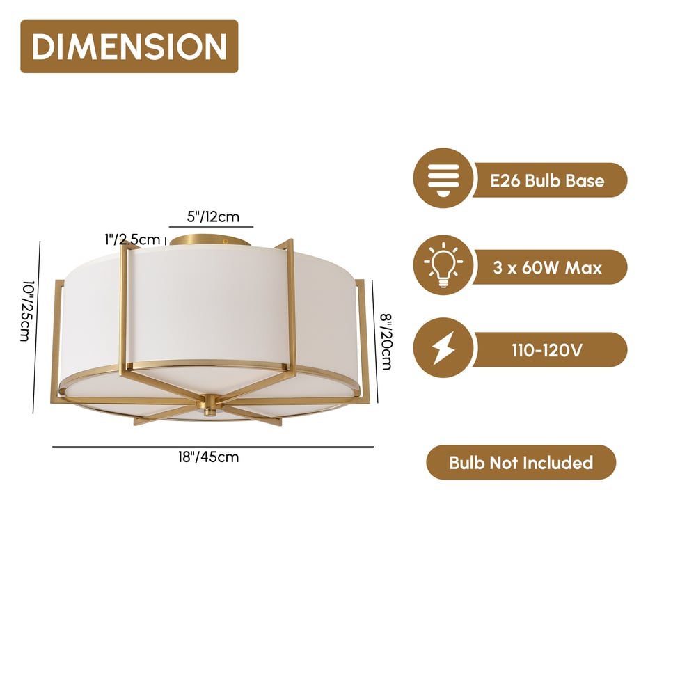 18" Fabric Flush Mount Light in Gold Finish, 3-Light weights dimensions image