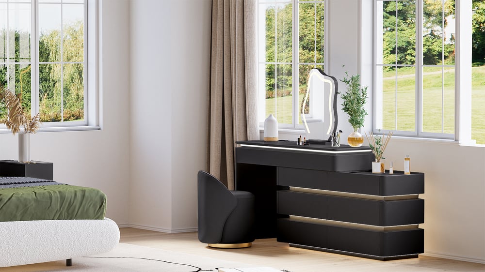 Skórzany okrągły taboret do toaletki z krzesłem akcentującym z oparciem obraz okna