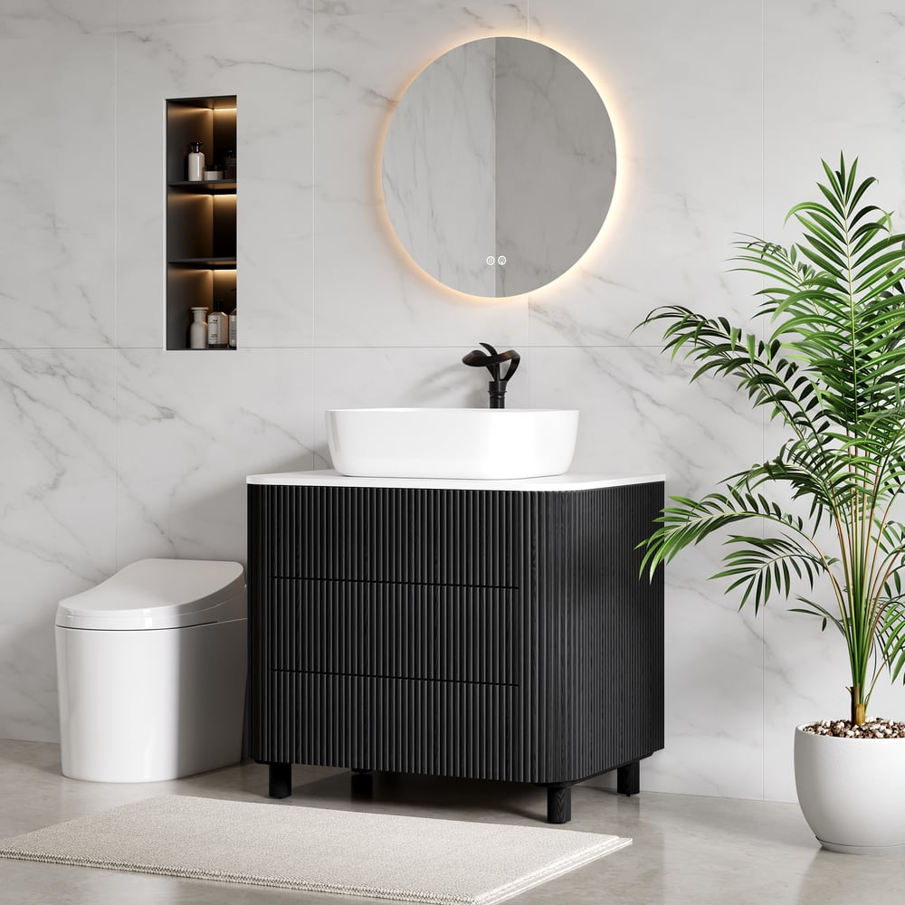 80cm Fluted Freestanding Bathroom Vanity with Vessel Sink, 3-Drawers, Sintered Stone top window image