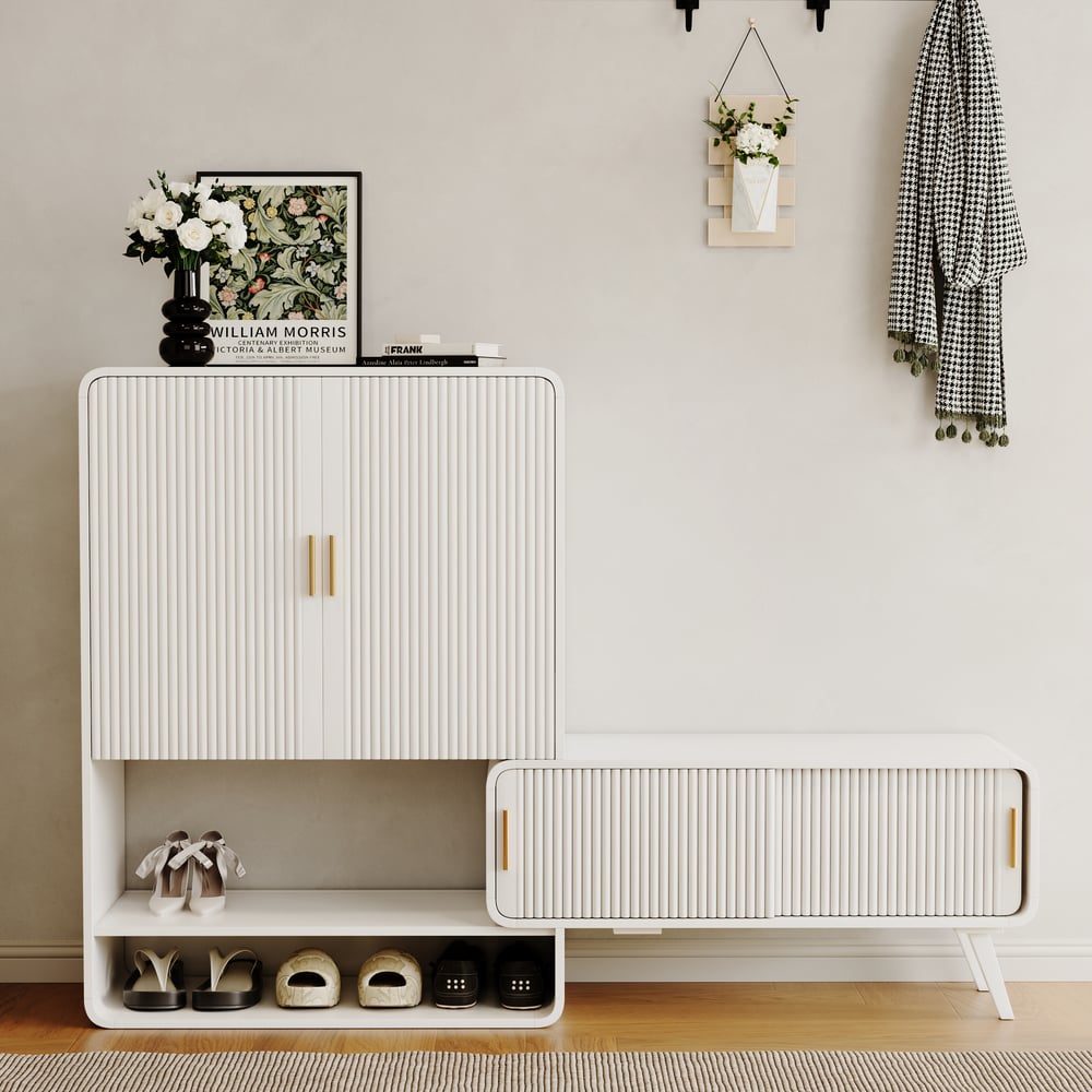 37" Warm White Shoe Storage Fluted Entryway Cabinet, Right Hand window image
