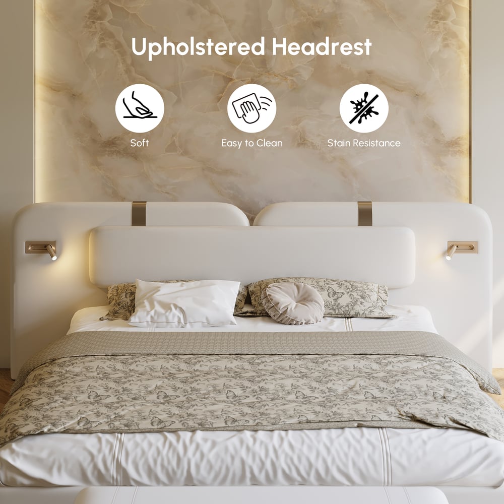 Modern King Size Faux Leather Bed with Wide Headboard Bed & Integrated Lighting window image