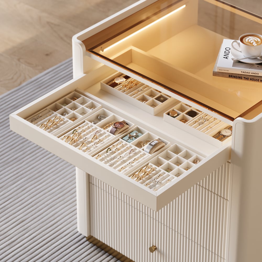 Modern 29.5" Fluted Leather Closet Island 7 Drawer Dresser with Light & Jewelry Storage window image