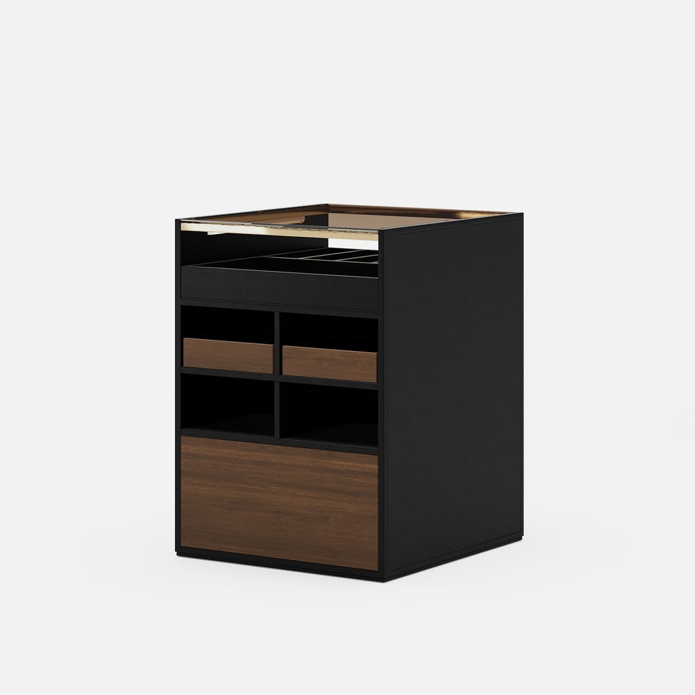 Saddle Leather 7-Dresser Walk-In Closet Island with Light & Jewelry Display window image