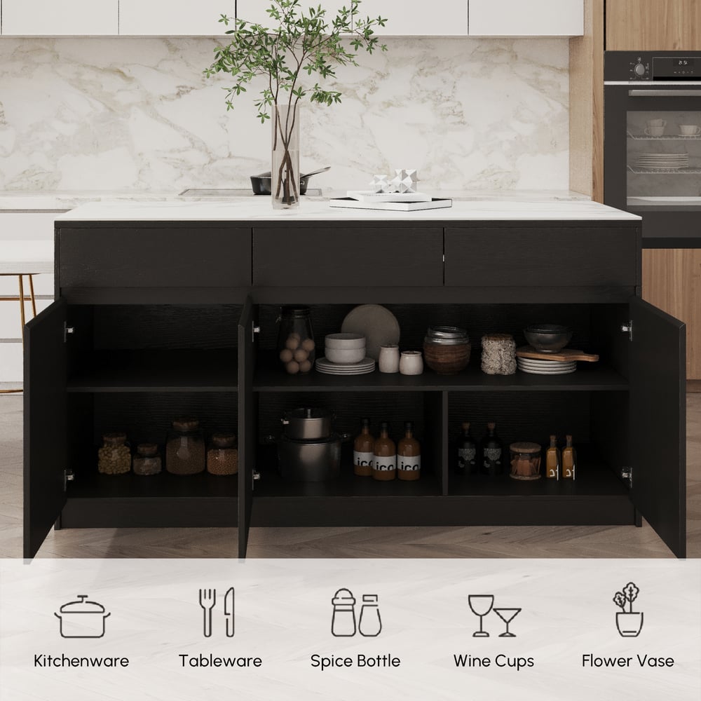 Îlot de cuisine extensible en pierre frittée de 205 à 270 cm avec portes et tiroirs, noir et blanc image de fenêtre