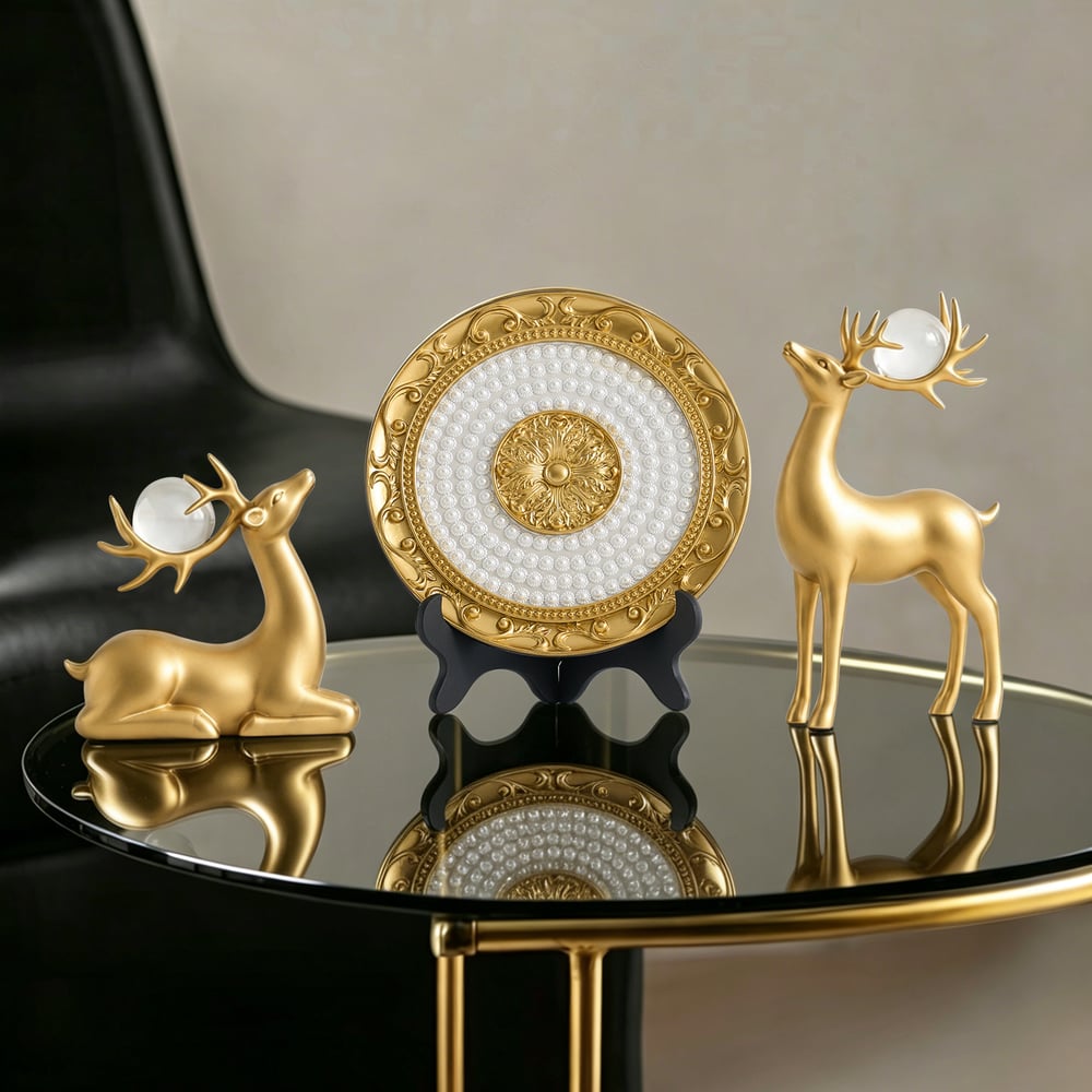 3PCS Golden Deer Figurine with Decorative Plate Set Luxury Resin Animal Sculptures window image