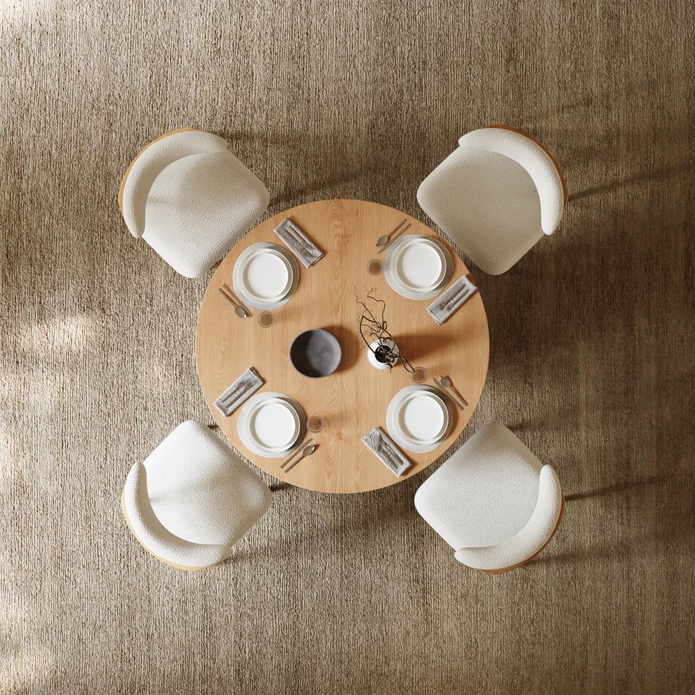 Set da pranzo tavolo da pranzo allungabile Japandi naturale da 99-140 cm con 4 sedie Immagine della finestra