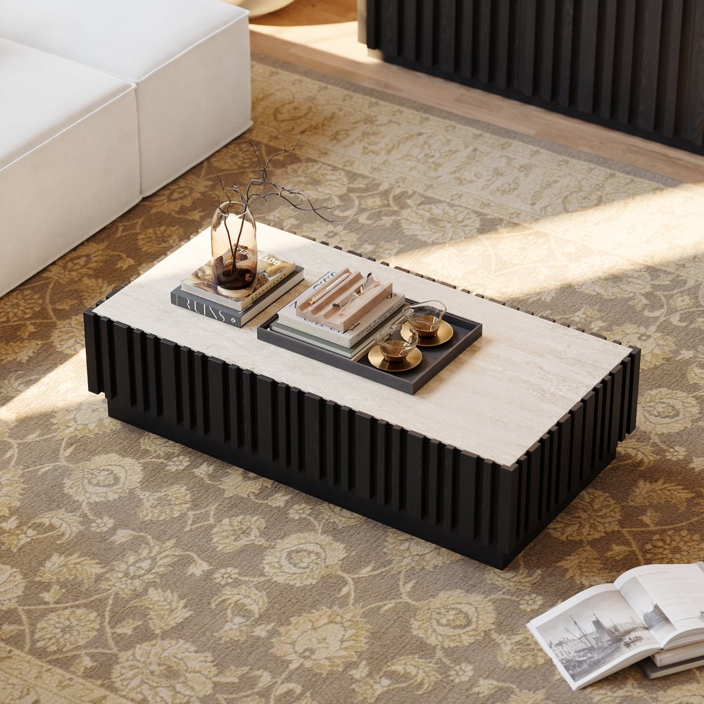 Table basse à lattes Aura 47" en bois de frêne avec plateau en pierre frittée image de fenêtre