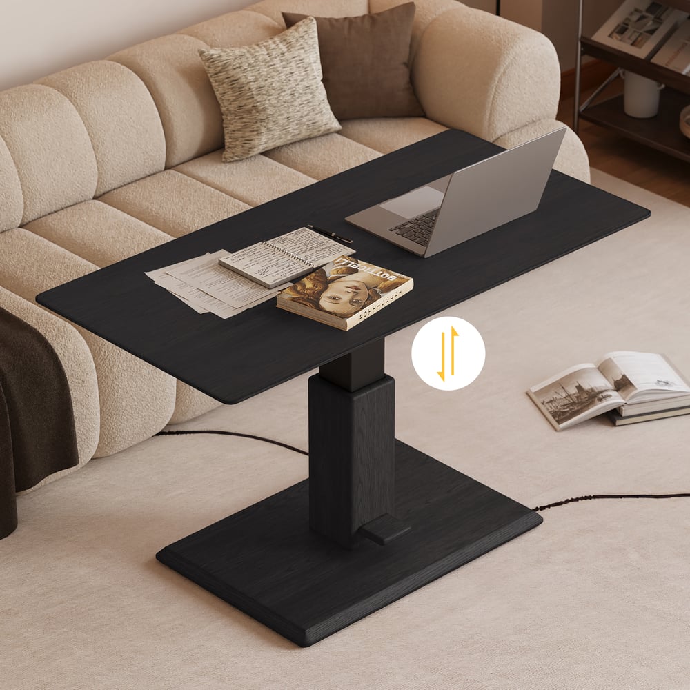 Table basse moderne de 119 cm en placage de bois noir, réglable en hauteur avec commande au pied image de fenêtre