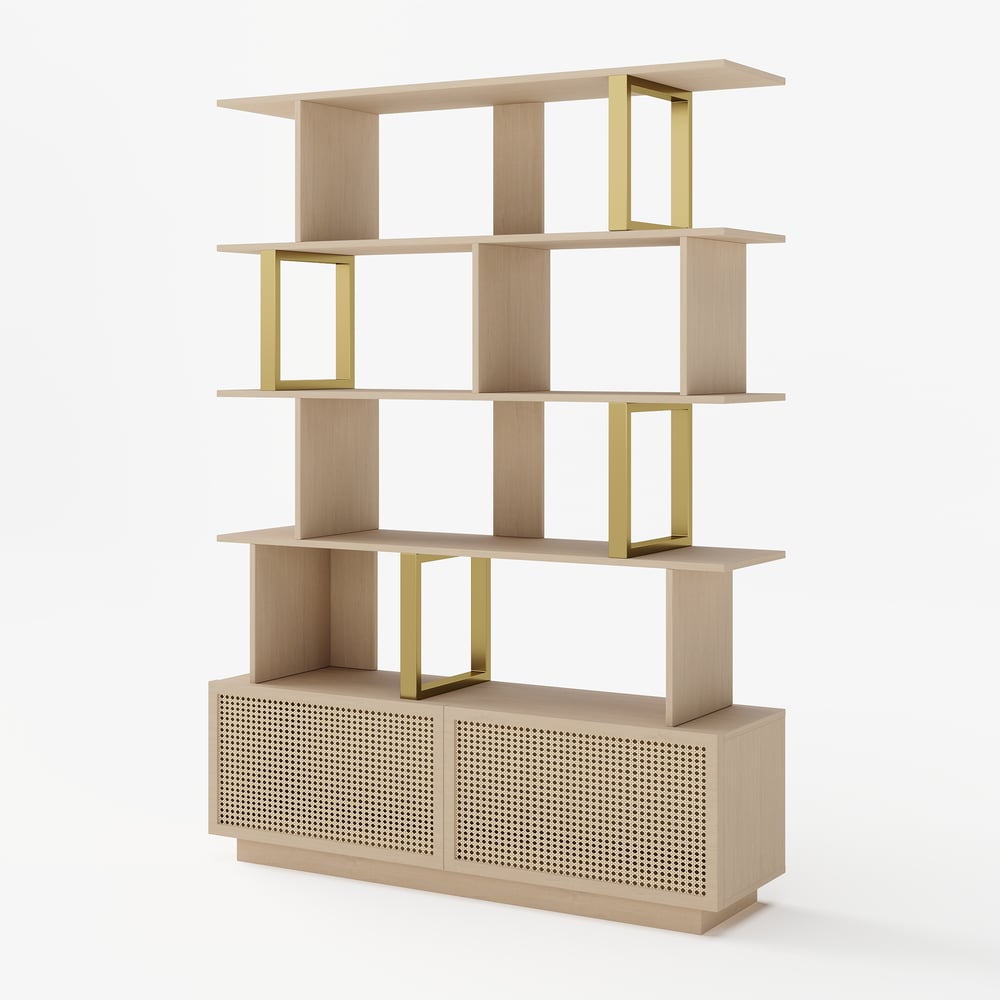 5-Tier Whitewash Bookshelf with 2 Drawers Wooden Bookcase in Gold (64.8" High) window image