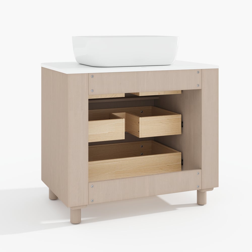 80cm Fluted Freestanding Bathroom Vanity with Vessel Sink, 3-Drawers, Sintered Stone top window image