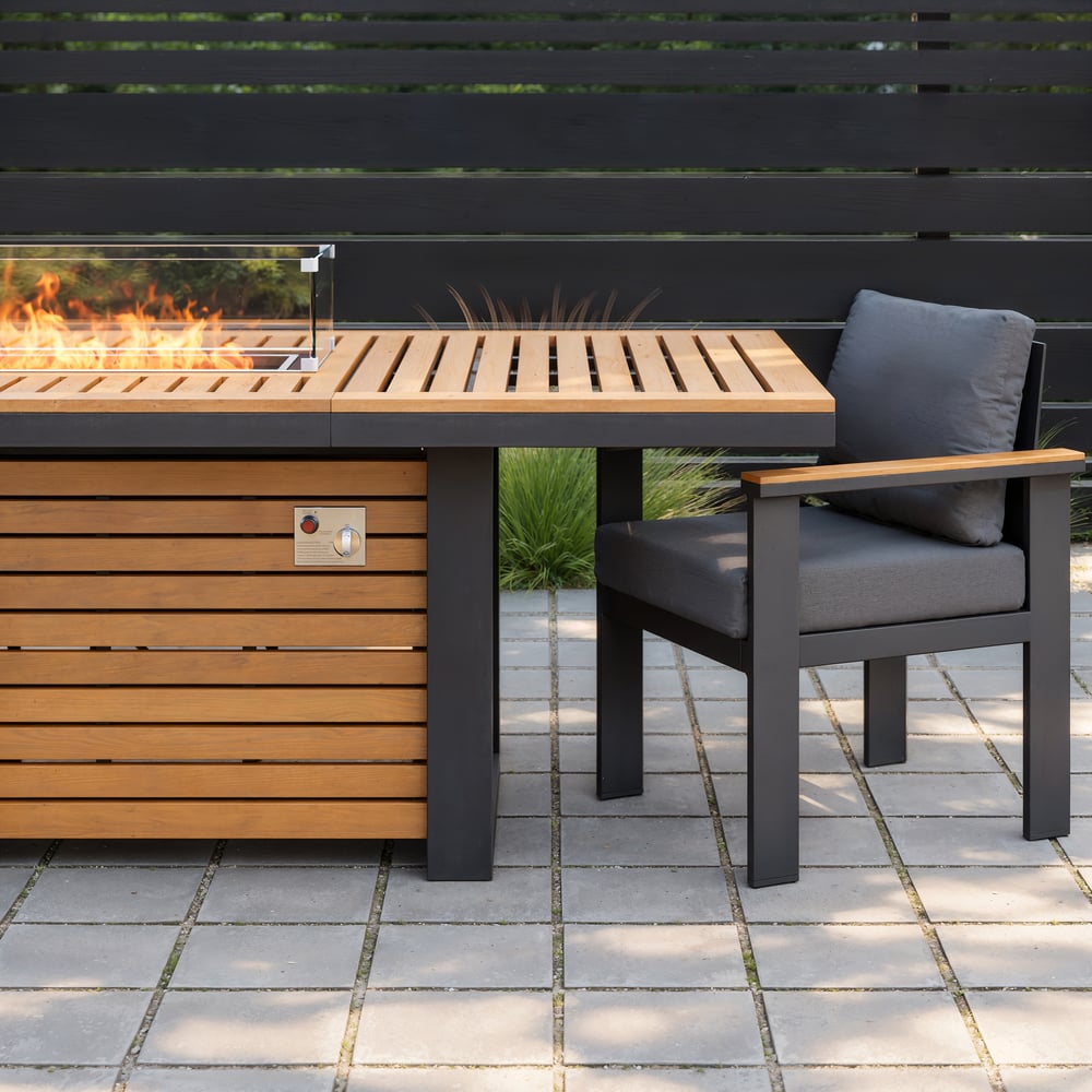 Axis 94.5" Outdoor Propane Fire Pit Dining Table with Hidden Tank & Wind Shield window image