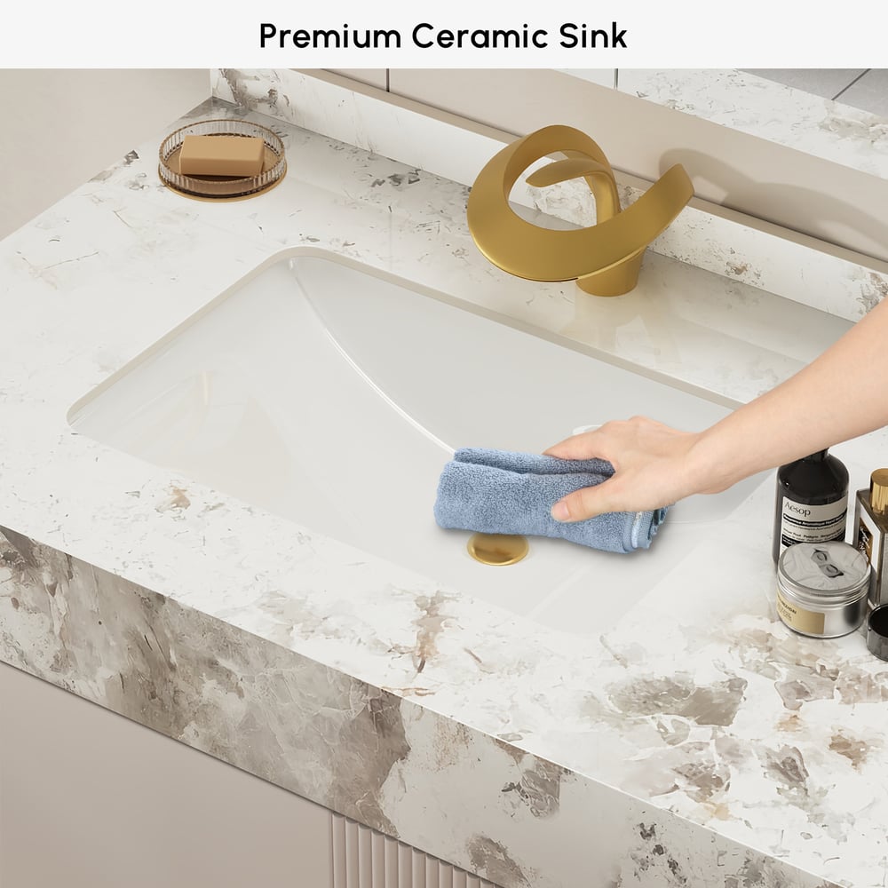 Tocador de baño doble flotante Artis de 60 pulgadas con lavabo, encimera de piedra sinterizada, amplio almacenamiento Imagen de ventana