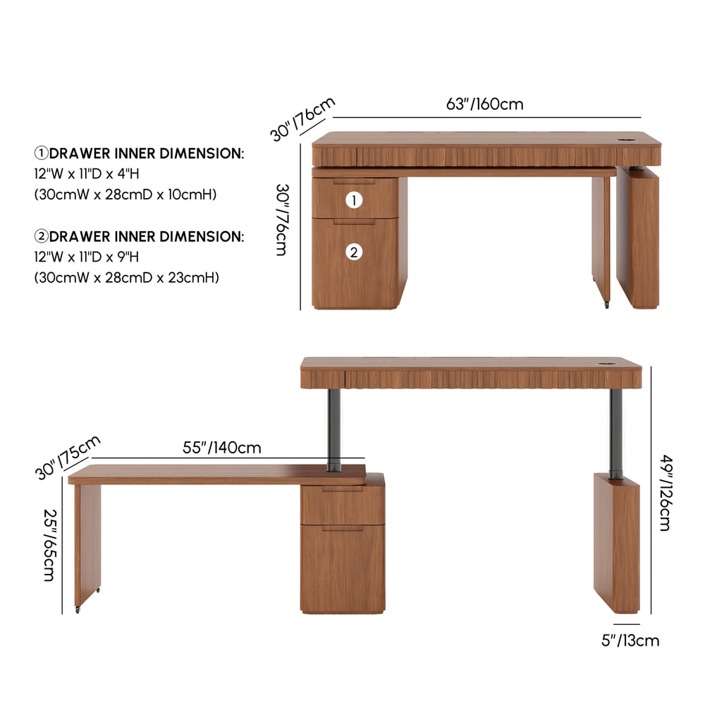 Aura 63" Walnut Flutted 360-Degree Rotating Desk Electric Adjustable Standing Desk weights dimensions image