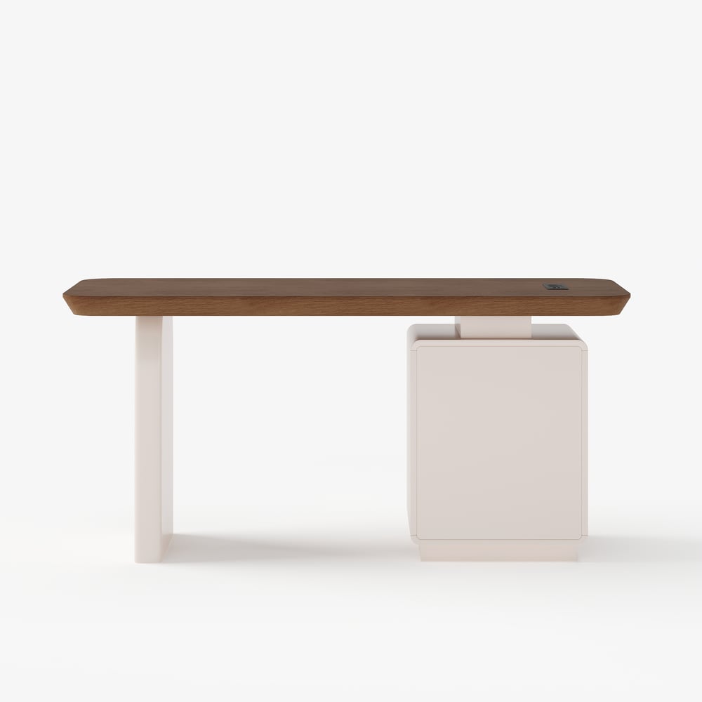 Modern 63" Rectangular Walnut Wood Desk with charging station & storage window image