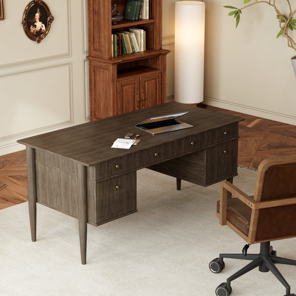 64" Houten bureau met 6 laden Vensterafbeelding