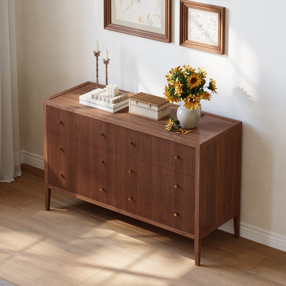 Stria 47" Fluted Natural 6-Drawer Dresser with Charging Station window image