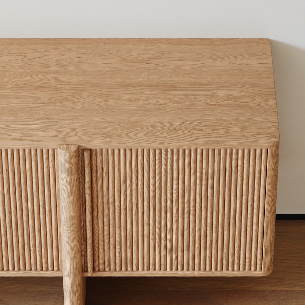 80" Solid Wood Fluted Natural TV Stand with Cabinets window image