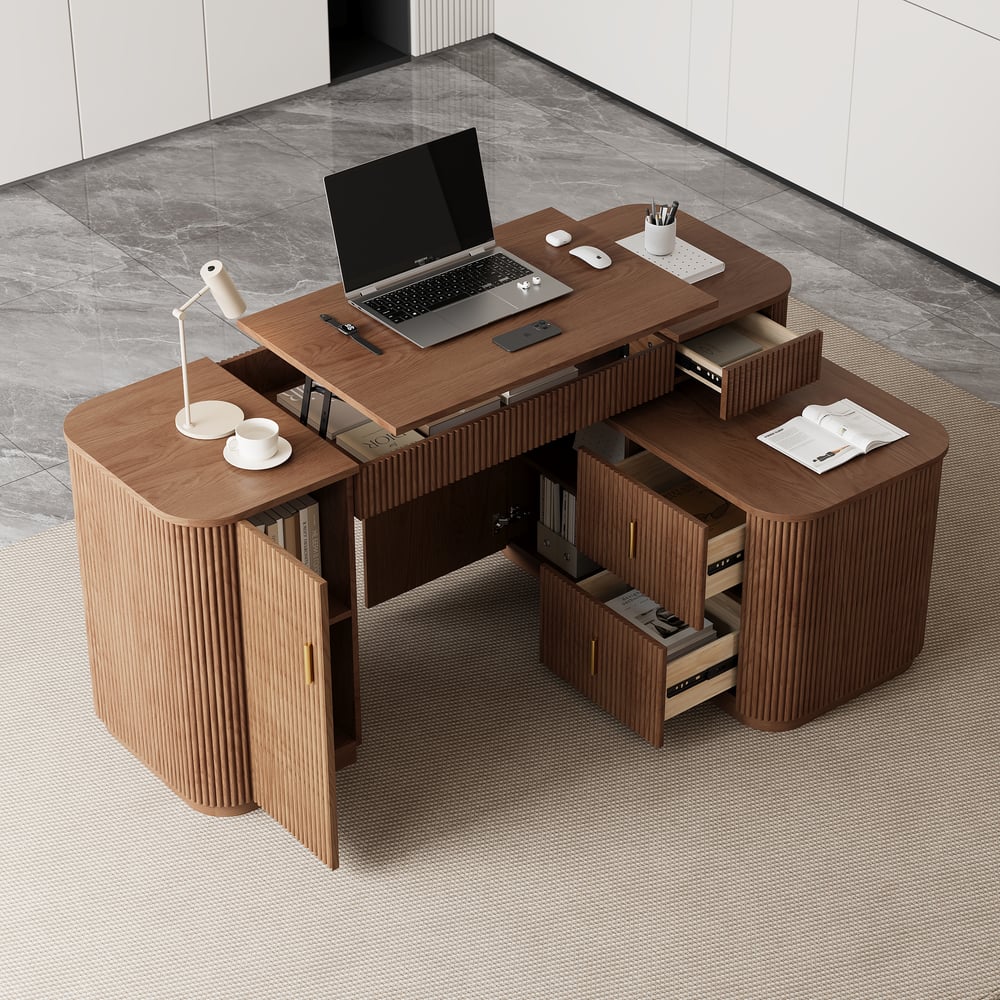 Modern 60" L-Shape Walnut Executive Desk with Drawers & Cabinet Right Hand window image