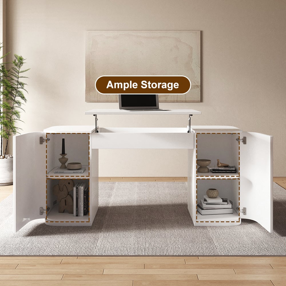 Modern 60" White Standing Office Desk & Sliding Door Etagere Bookshelf window image