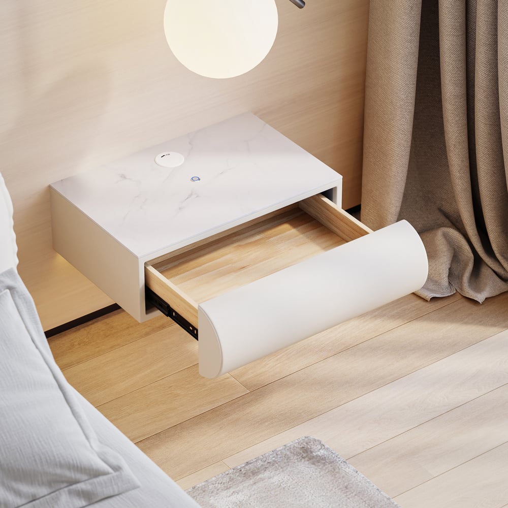 Table de chevet intelligente à LED 1 tiroir en cuir flottant Humply avec plateau en pierre frittée image de fenêtre