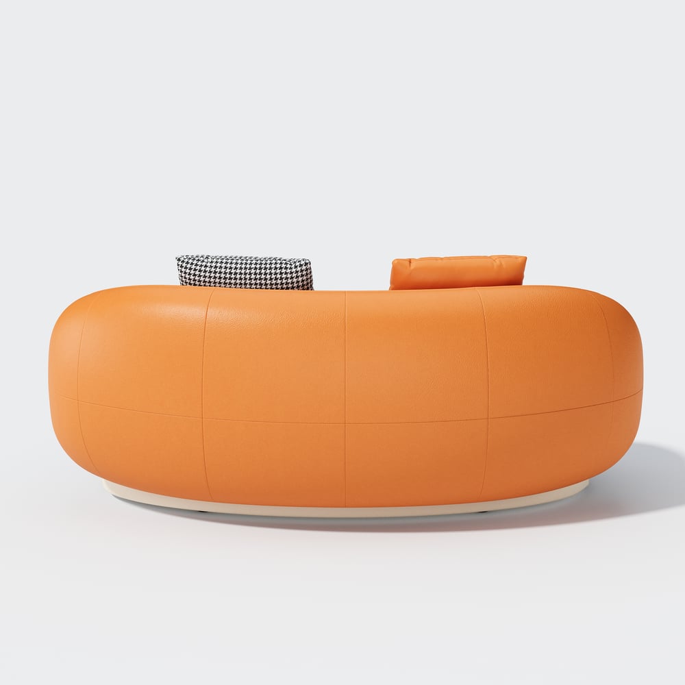 Divano curvo imbottito in pelle performance Suncurve da 69" con cuscini Immagine della finestra
