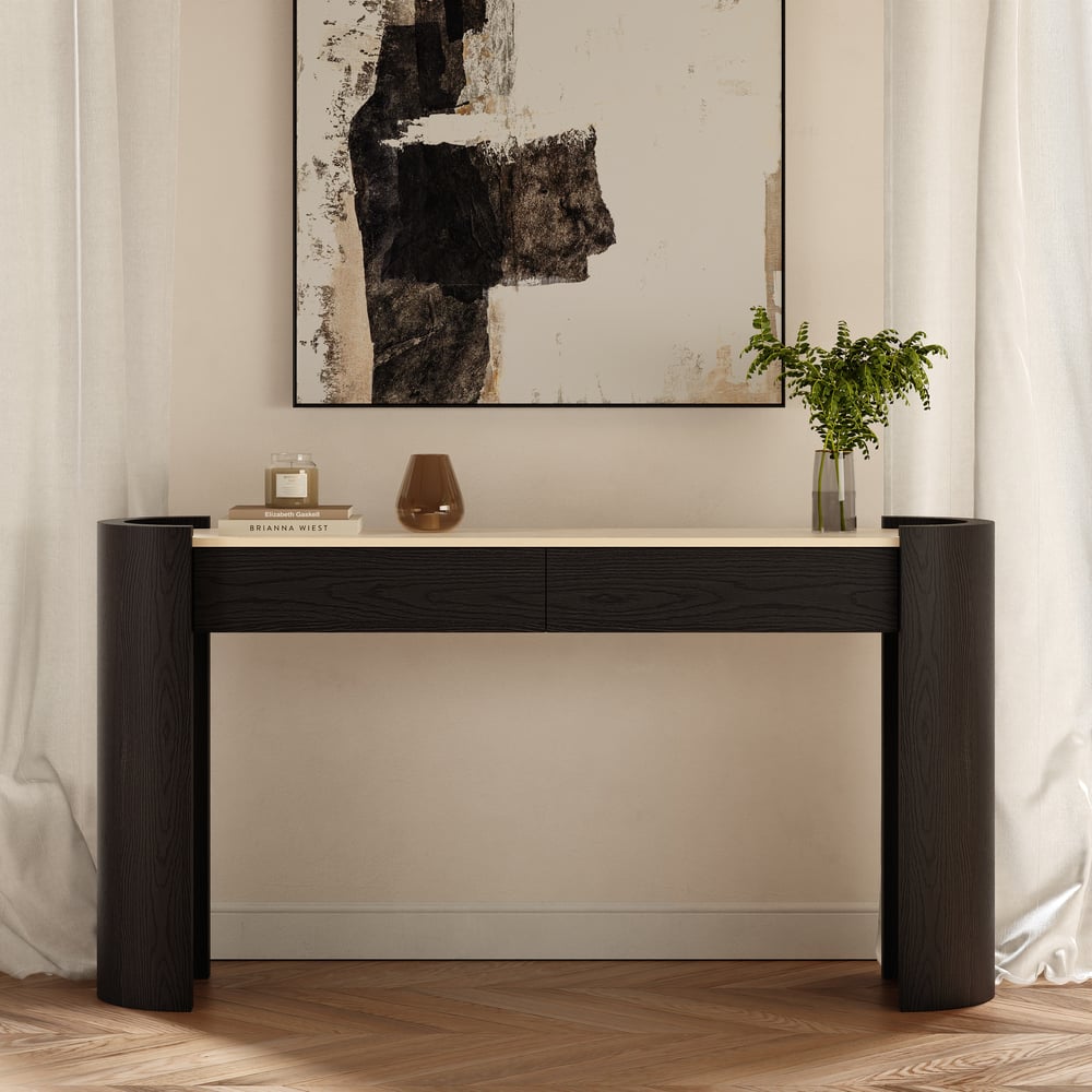 Console ovale Japandi de 60 pouces en pierre frittée avec 2 tiroirs image de fenêtre