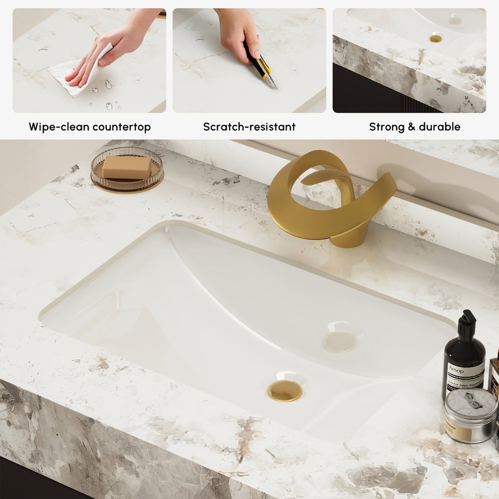 Mueble de baño Artis de 60" con doble lavabo y encimera de piedra sinterizada, 3 cajones Imagen de ventana