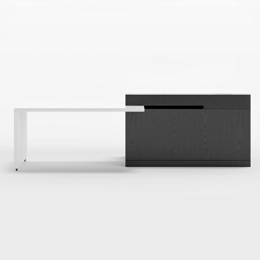 81"–112" Modern Extendable Glossy Sintered Stone Kitchen Island with Storage, White & Black window image