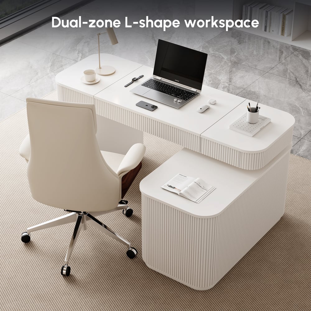 Velign 65" L-Shape White Executive Desk with Right-Side Cabinet window image