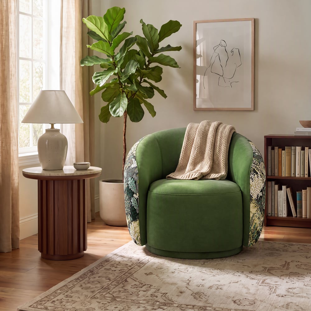 Performance Velvet 360° Swivel Barrel Accent Chair window image