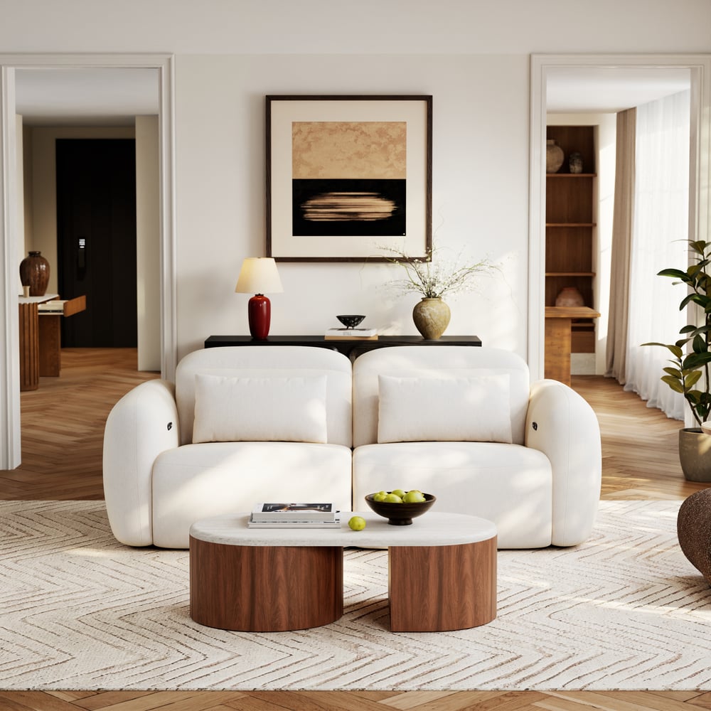 47"-60" Extendable Walnut Coffee Table with Travertine Veneer Top window image