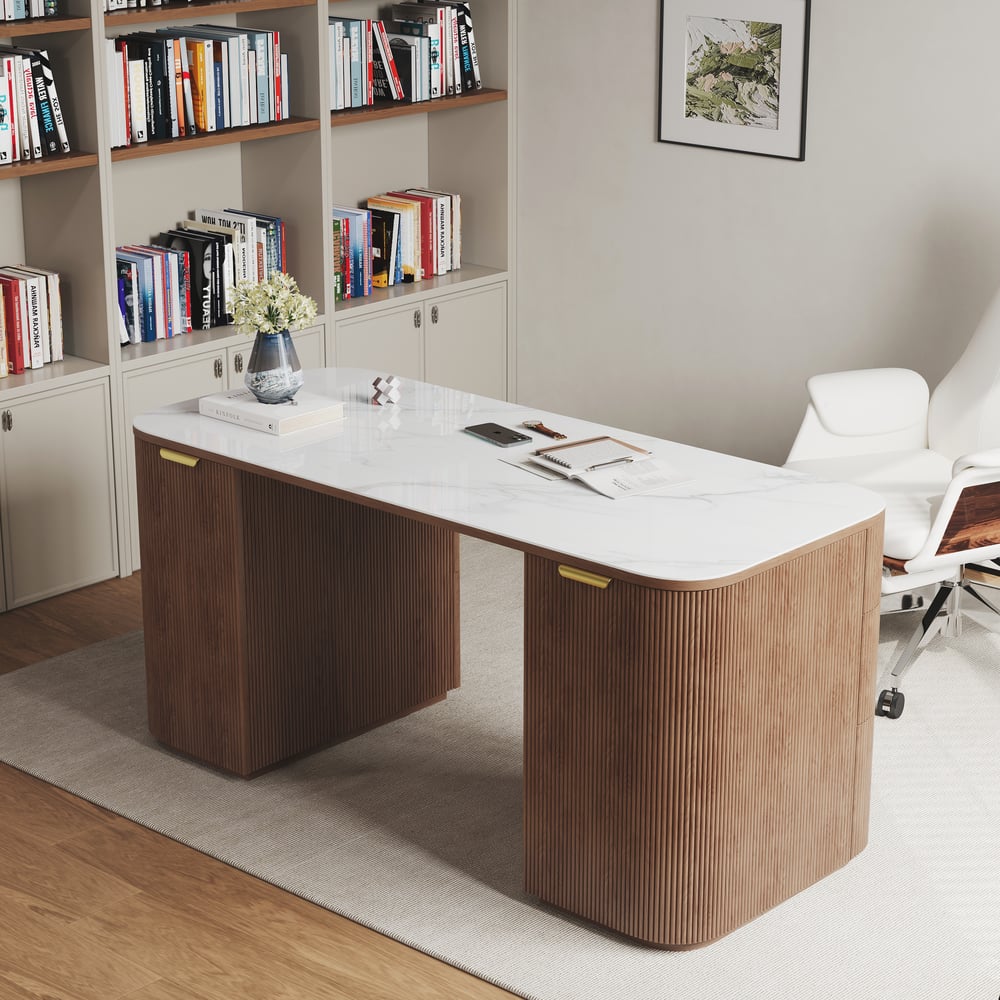 Bureau rectangulaire en noyer, frêne et pierre frittée avec 6 tiroirs (1620mm) image de fenêtre