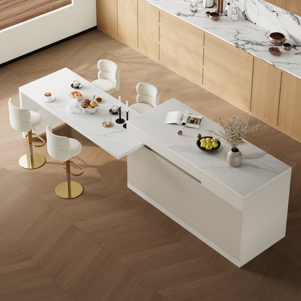 Modern 81"-106" Sintered Stone Kitchen Island with Drawers & Doors, White window image