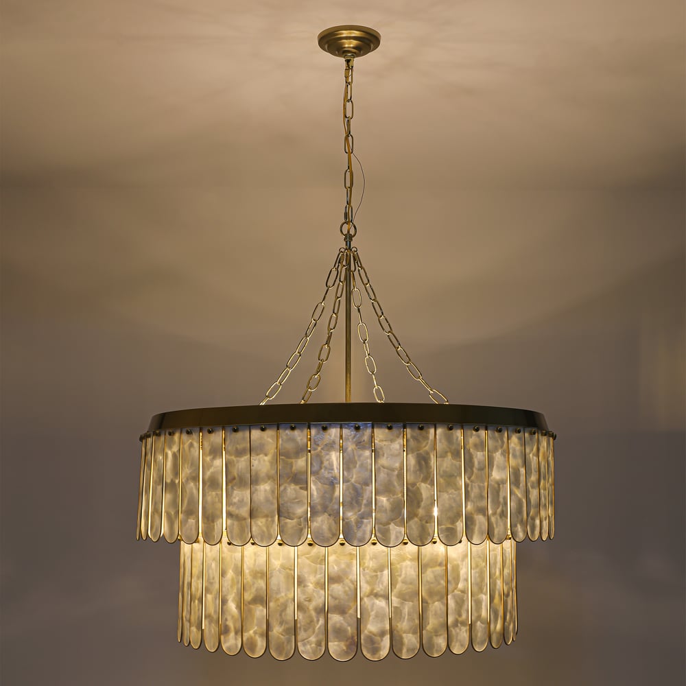 Enseo Coastal 8-Light Capiz Shell 2-Tiered Faceted Chandelier Pendant Light Gold White window image