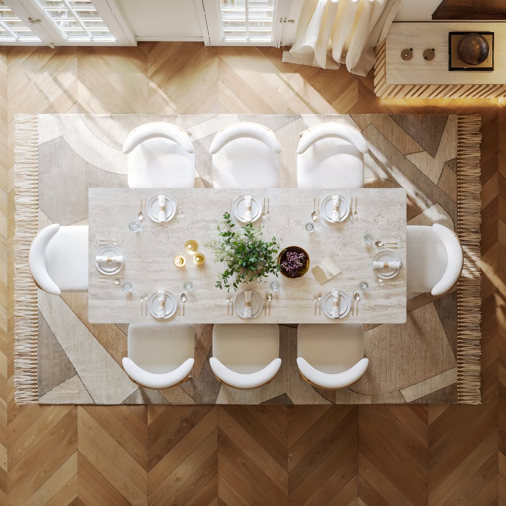 Table à manger rectangulaire Aura 214 cm en pierre frittée effet travertin, base cannelée, 8 places image de fenêtre